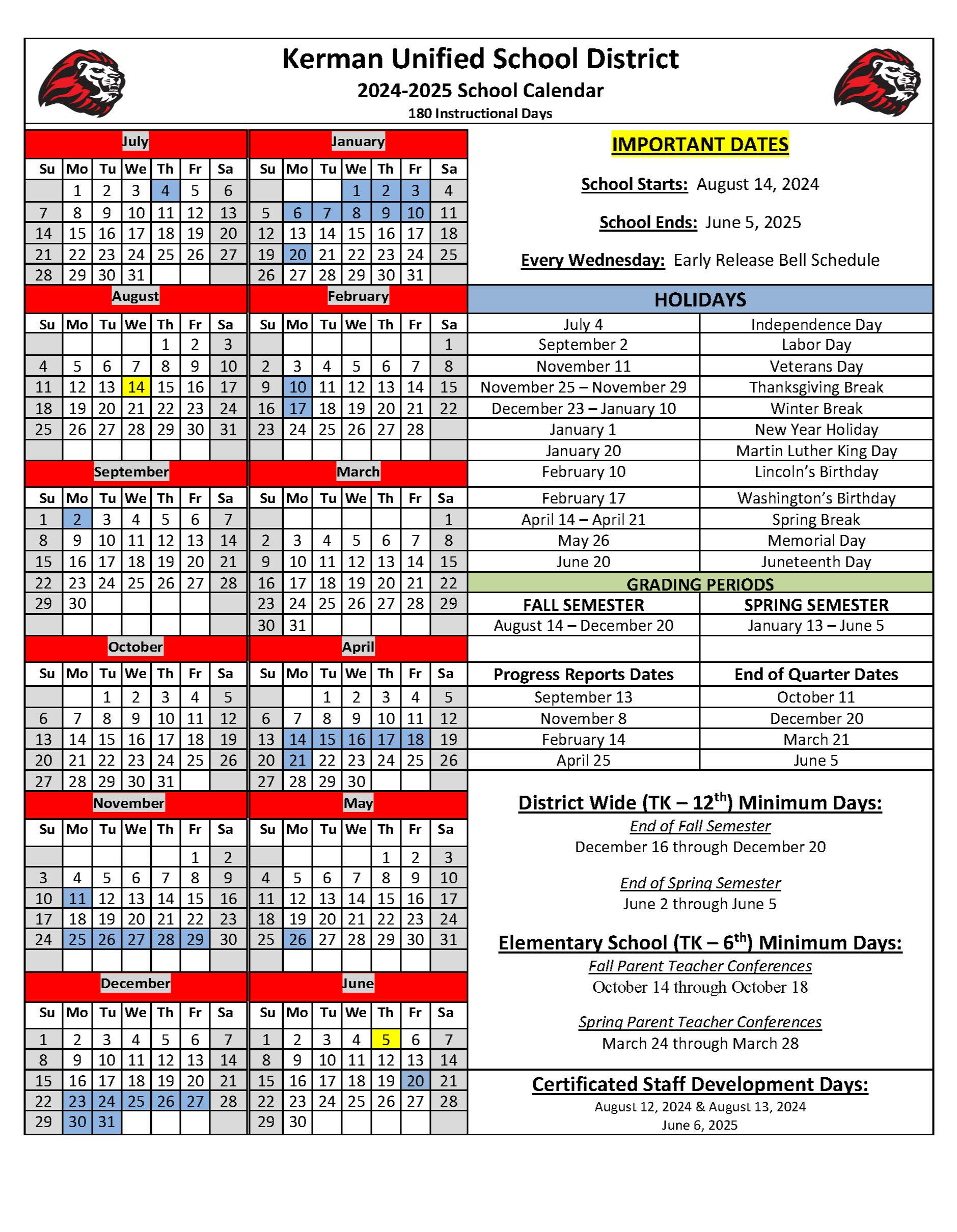 KUSD 2024-2025 School Calendar