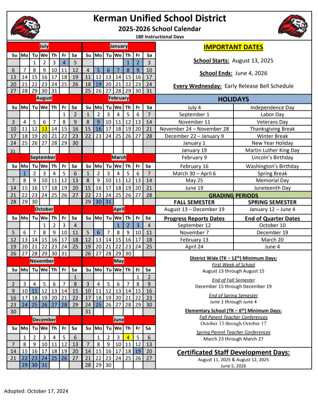 KUSD 2025-2026 School Calendar