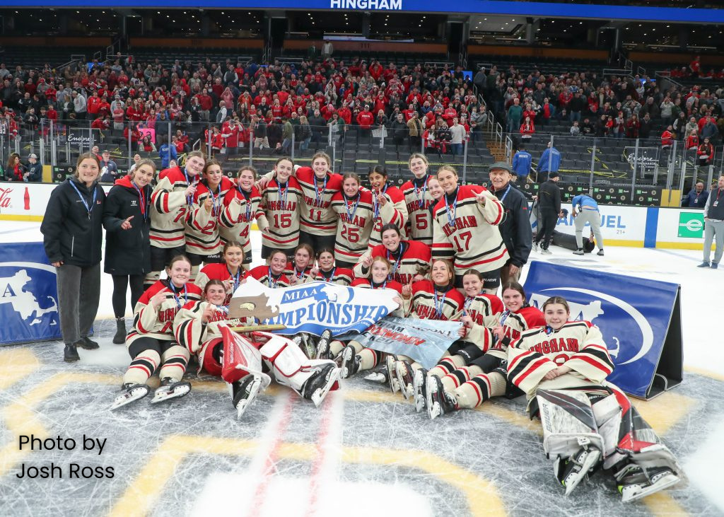 d1 champs girls hockey team poses for photo at TD garden.