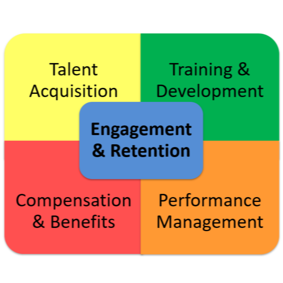 Engagement & Retention, Talent Acquisition, Training & Development, Compensation & Benefits, Performance Managment.