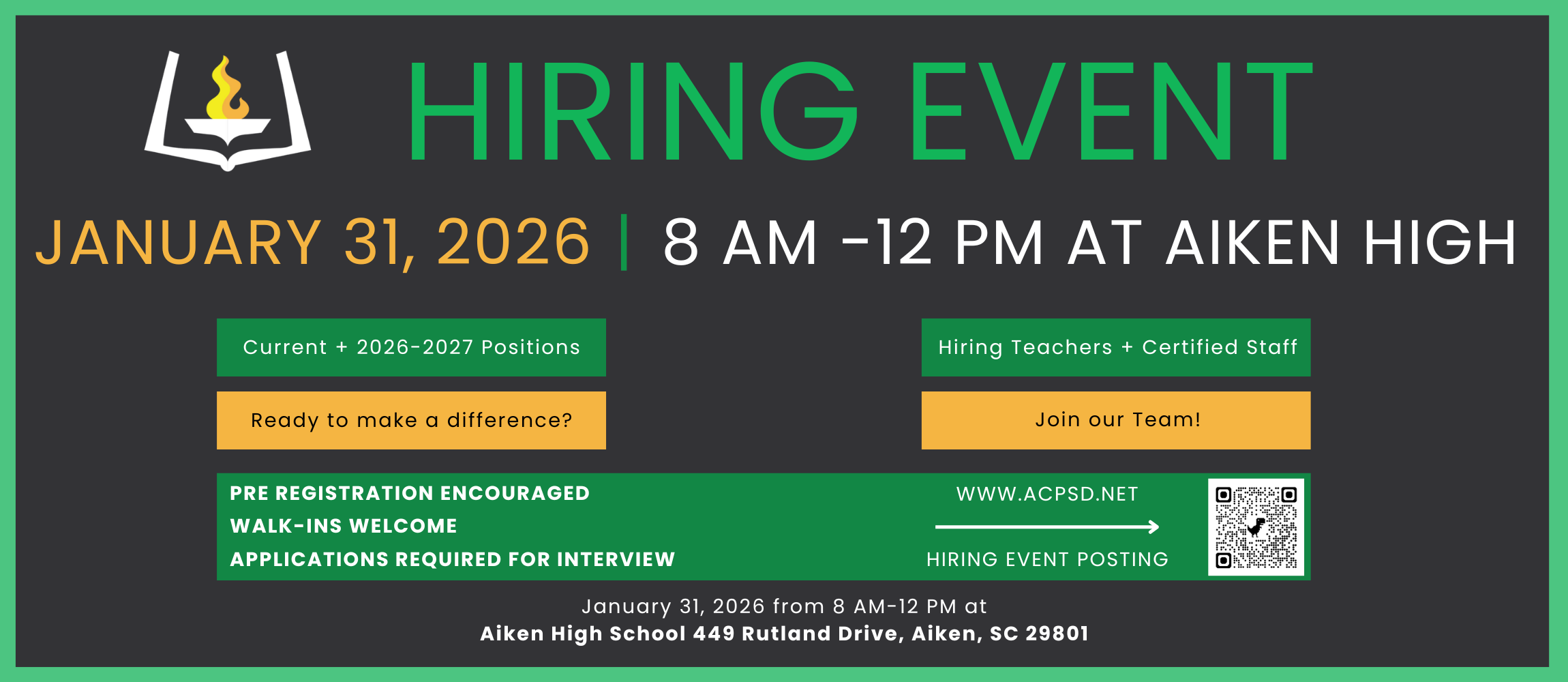 ACPSD Hiring Event January 31, 2026 from 8AM-12PM at Aiken High for current and 2026-27 positions of teachers and certified staff. Pre-registration is encouraged , walk-ins are welcome, and applications are required for an interview.
