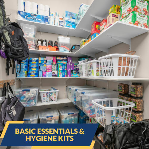 kitchen pantry that reads "basic essentials & hygiene kits"