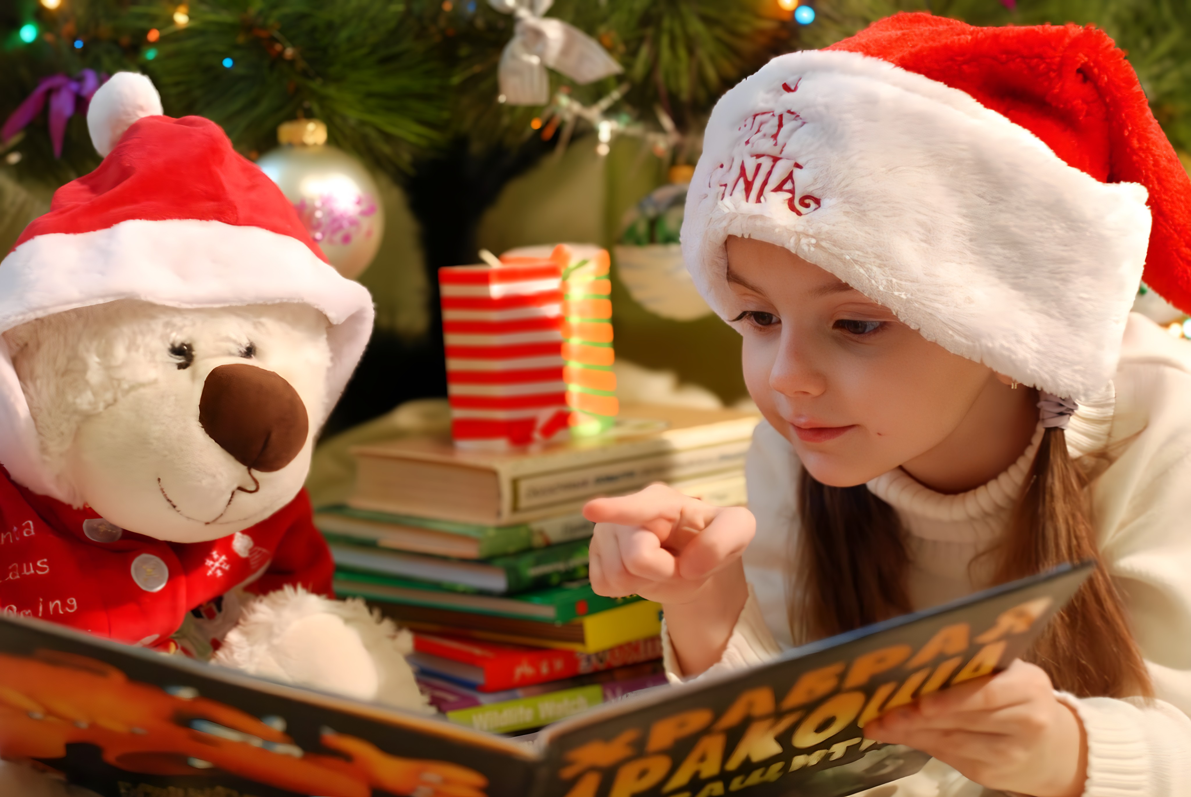 Child sitting under Christmas tree with teddy bear