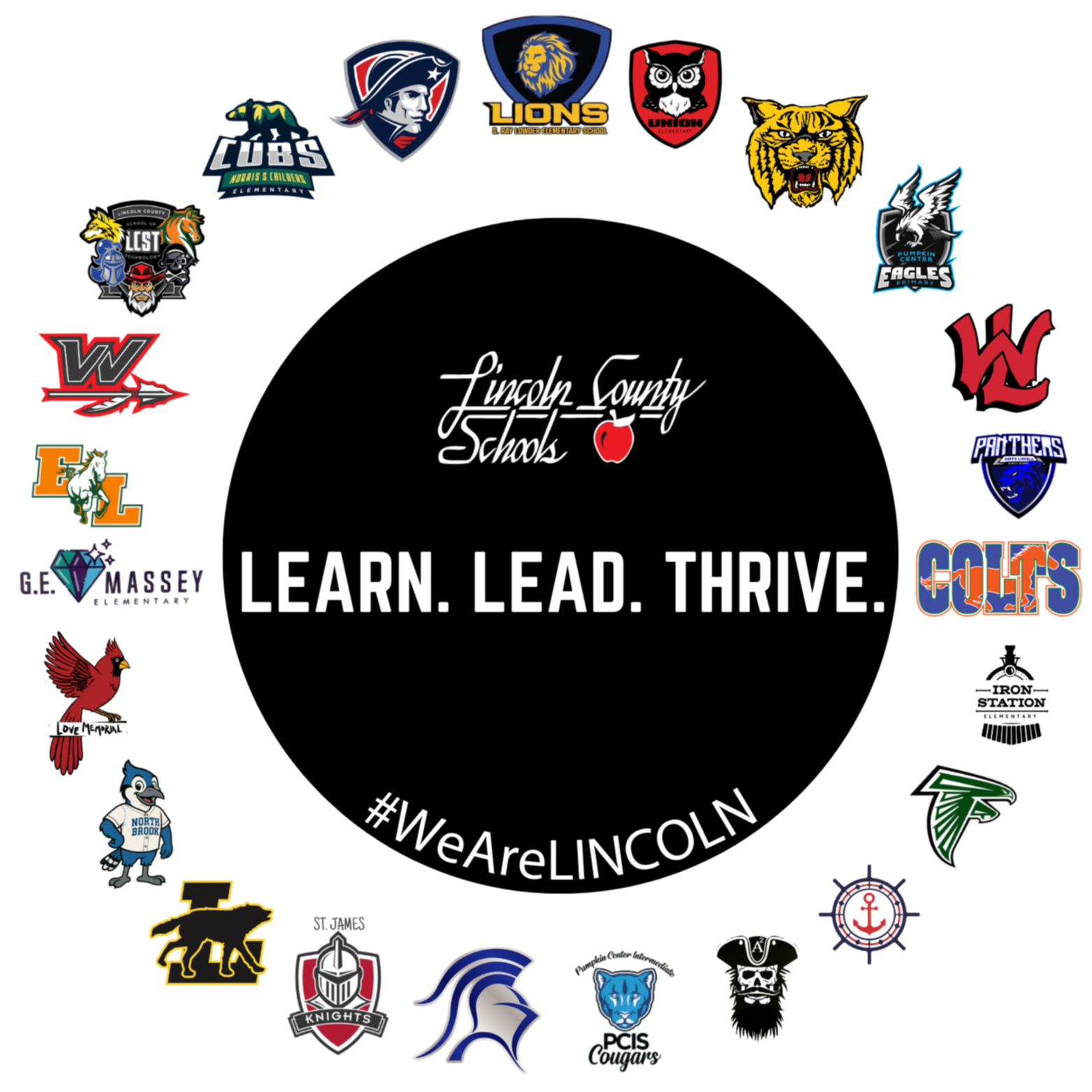 Circular arrangement of sports team logos on a black background, with the text "Learn. Lead. Thrive." and the hashtag "#WeAreLINCOLN".