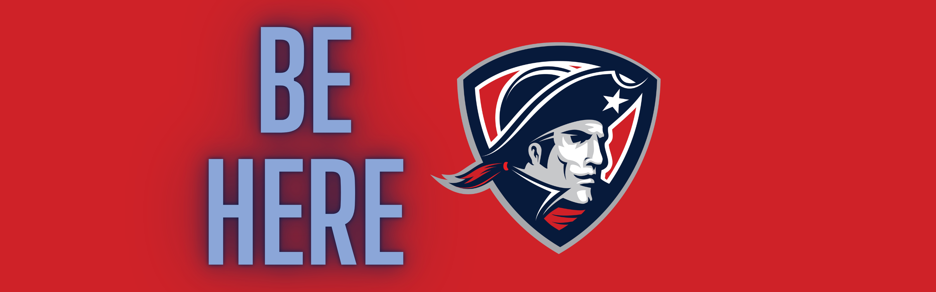Red background with "BE HERE" in blue text and a logo of a man with a hat and shield.