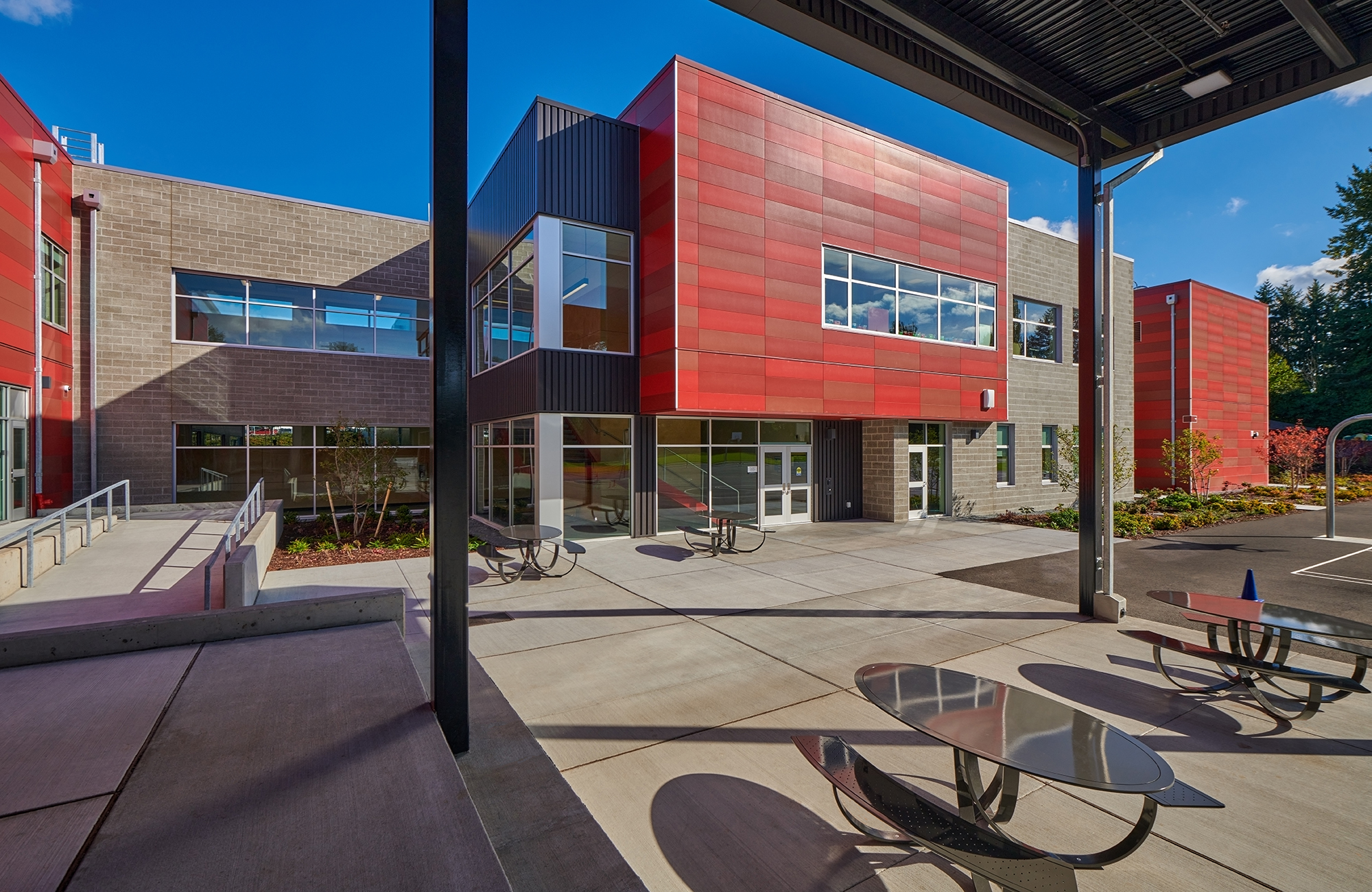 exterior photo of the bright red building