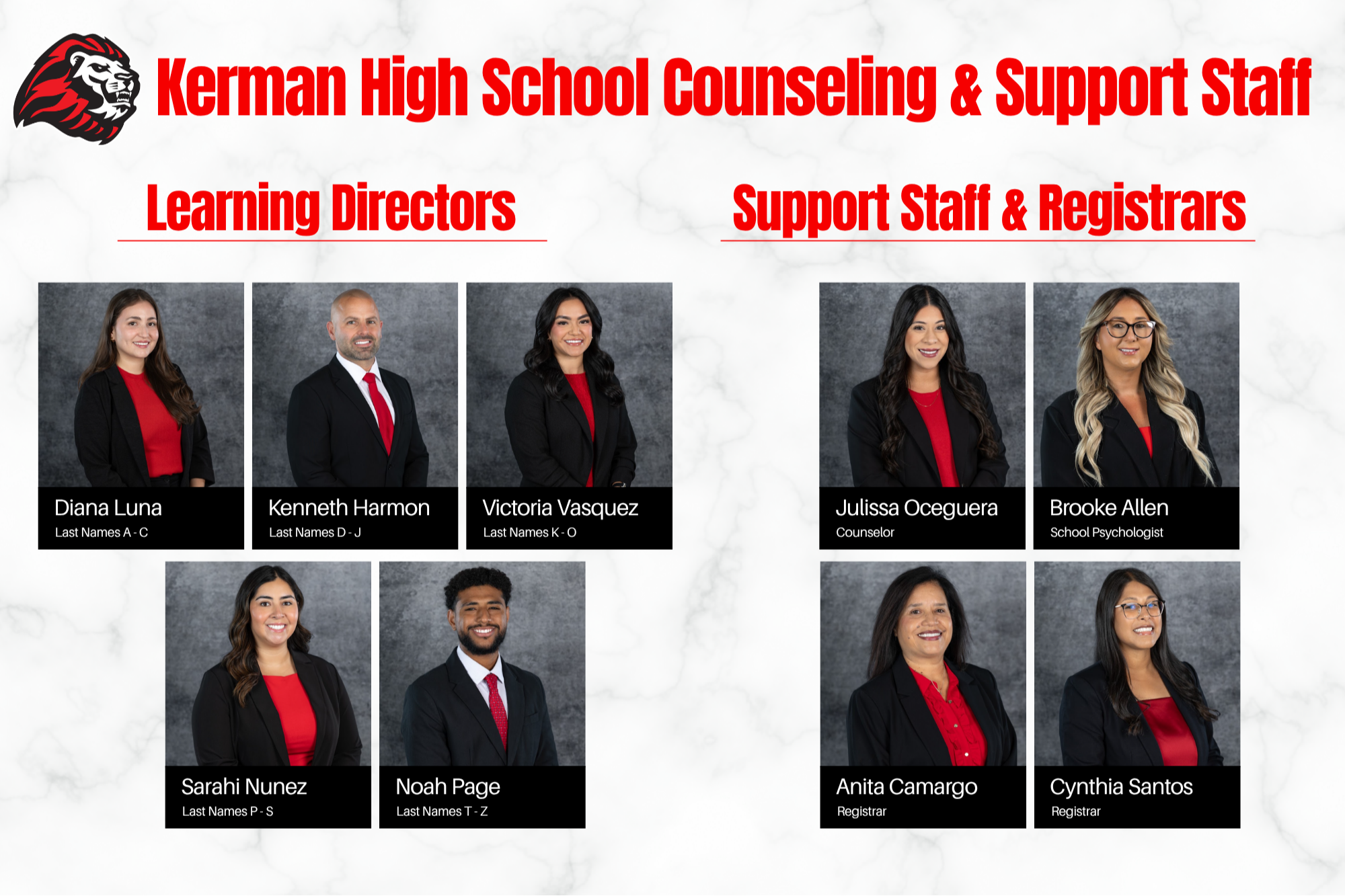Diana Luna, Kenneth Harmon, Julissa Oceguera,Angel Guillen, Roxy Jimenez. Registrars: Anita Camargo, Cynthia Santos