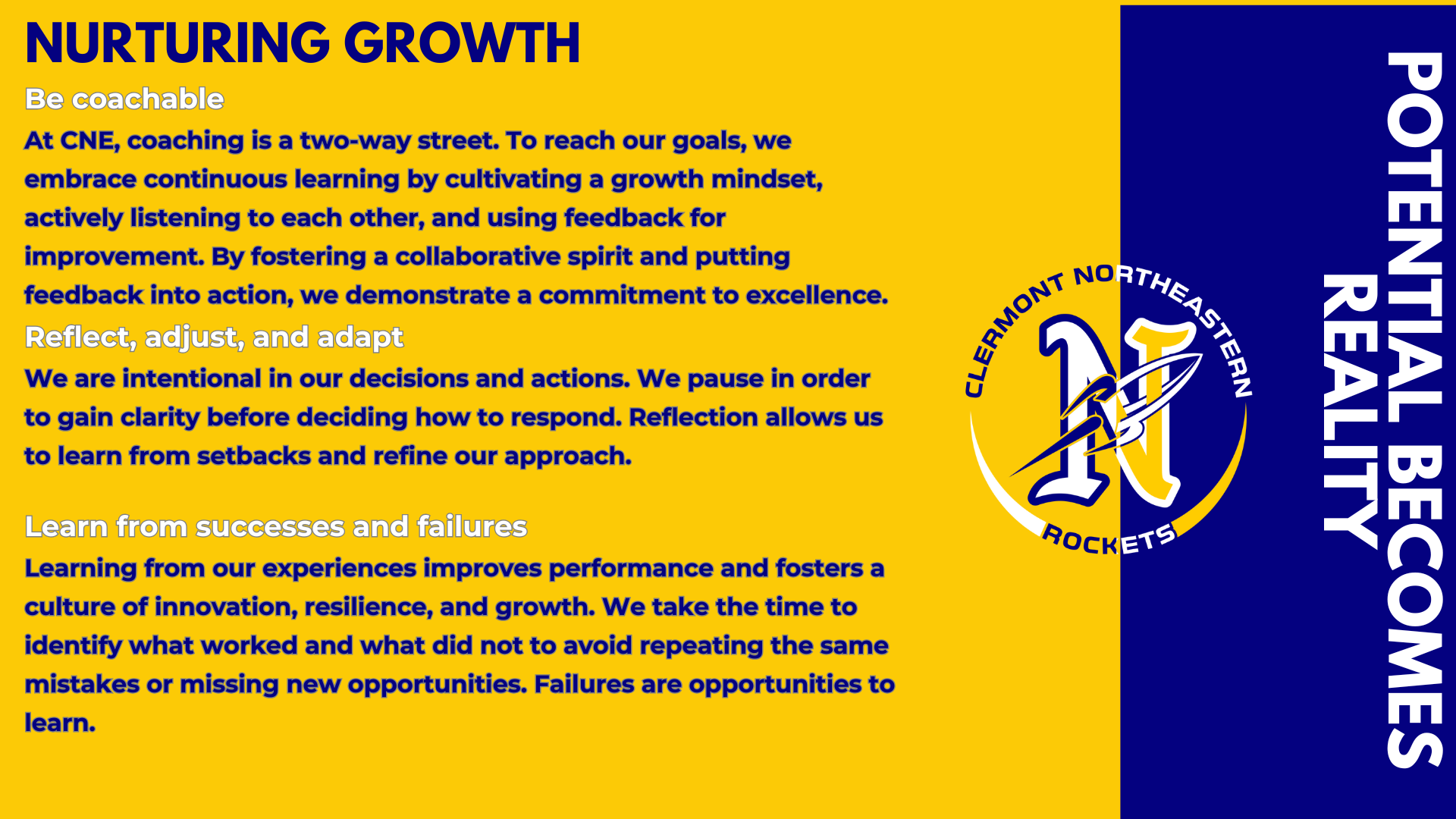 Nurturing Growth Be coachable At CNE, coaching is a two-way street. To reach our goals, we embrace continuous learning by cultivating a growth mindset, actively listening to each other, and using feedback for improvement. By fostering a collaborative spirit and putting feedback into action, we demonstrate a commitment to excellence.  Reflect, adjust, and adapt We are intentional in our decisions and actions. We pause in order to gain clarity before deciding how to respond. Reflection allows us to learn from setbacks and refine our approach.  Learn from successes and failures Learning from our experiences improves performance and fosters a culture of innovation, resilience, and growth. We take the time to identify what worked and what did not to avoid repeating the same mistakes or missing new opportunities. Failures are opportunities to learn.