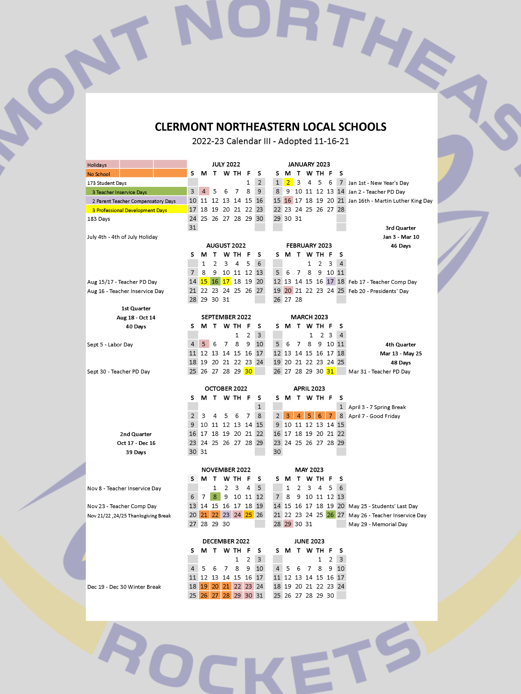 DISTRICT CALENDARS | Clermont Northeastern Schools