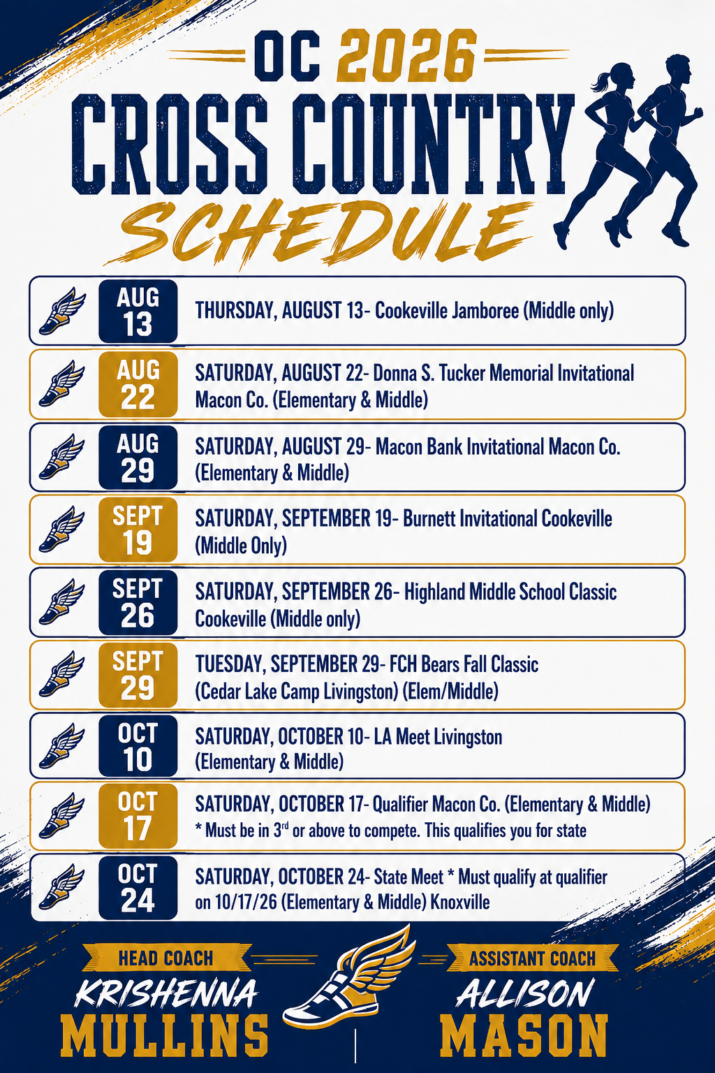 OC Cross Country 2026 Schedule