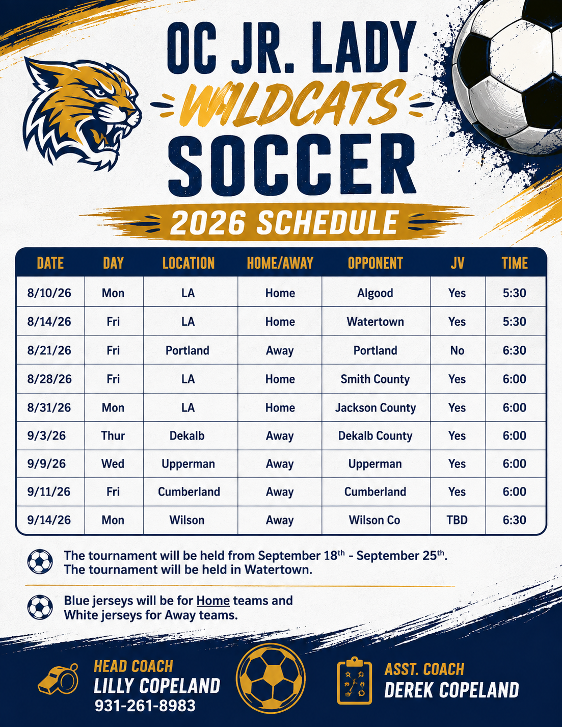 2026 Jr. Lady Wildcats' Soccer Schedule