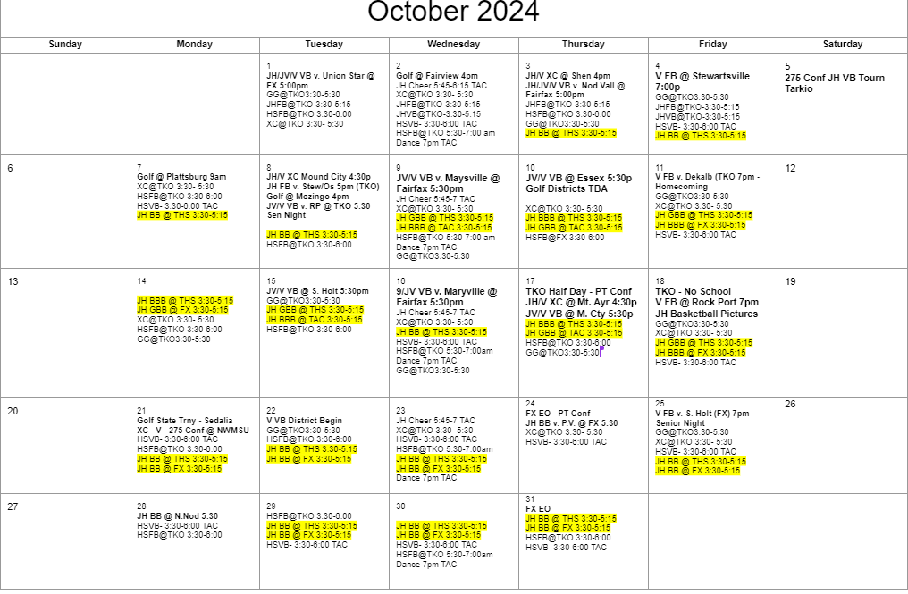 October Practice Schedule Fairfax RIII