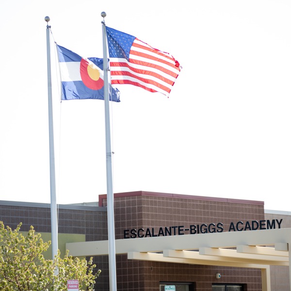 Flags in front of entrance of school