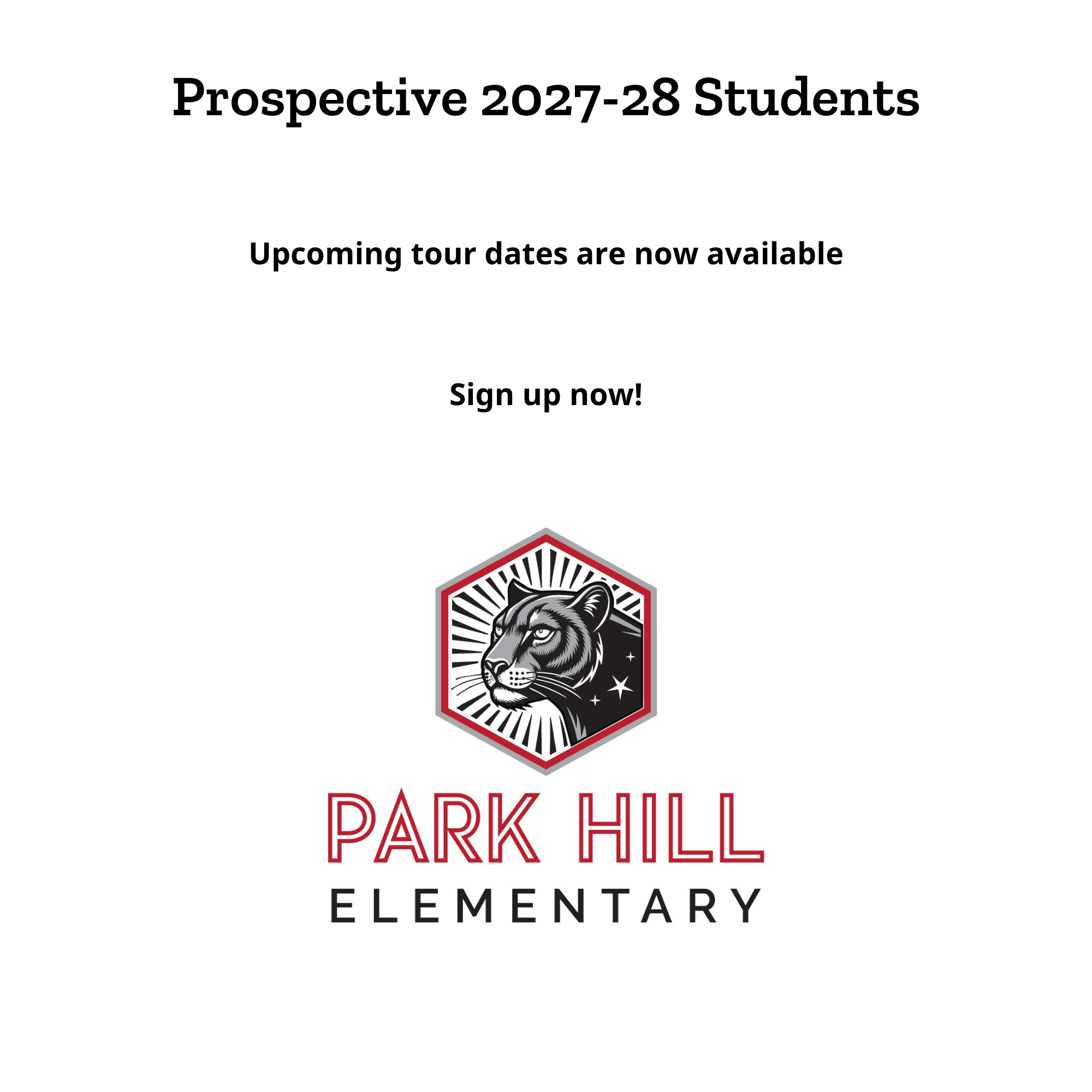 A page with a white background and red text. It reads, "Prospective 2027-28 Students." Below, "Upcoming tour dates are now available."