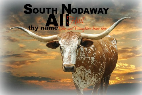 South Nodaway All Hail Thy Name Sons and Daughters honor thee, image of longhorn bull during sunset