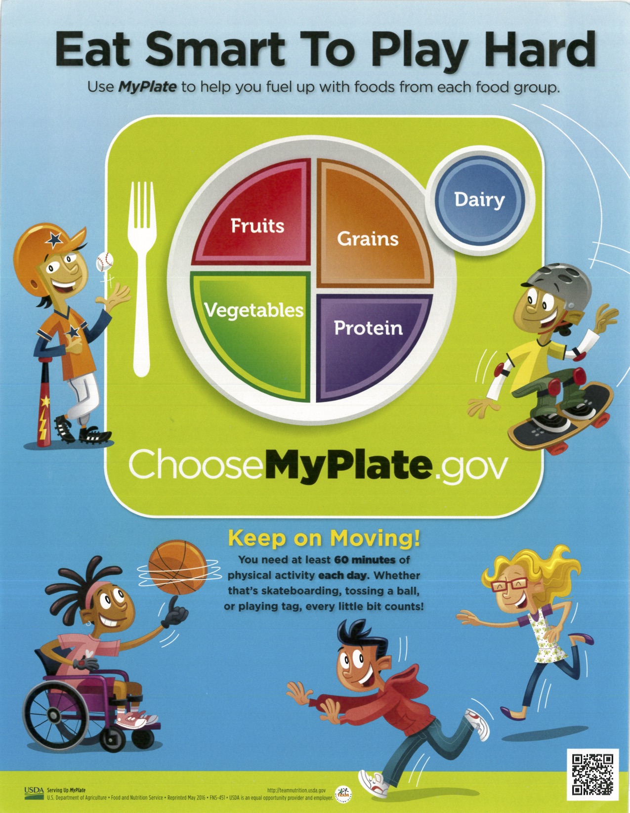 photo that says eat smart to play hard, use my plate to help you fuel up with foods from each food group, with a chart that says fruits, grains, vegetables, protein and dairy, choose my plate .gov keep on moving you need at least 60 minutes of physical activity each day whether thats skateboarding, tossing a ball or playing tag every little bit counts