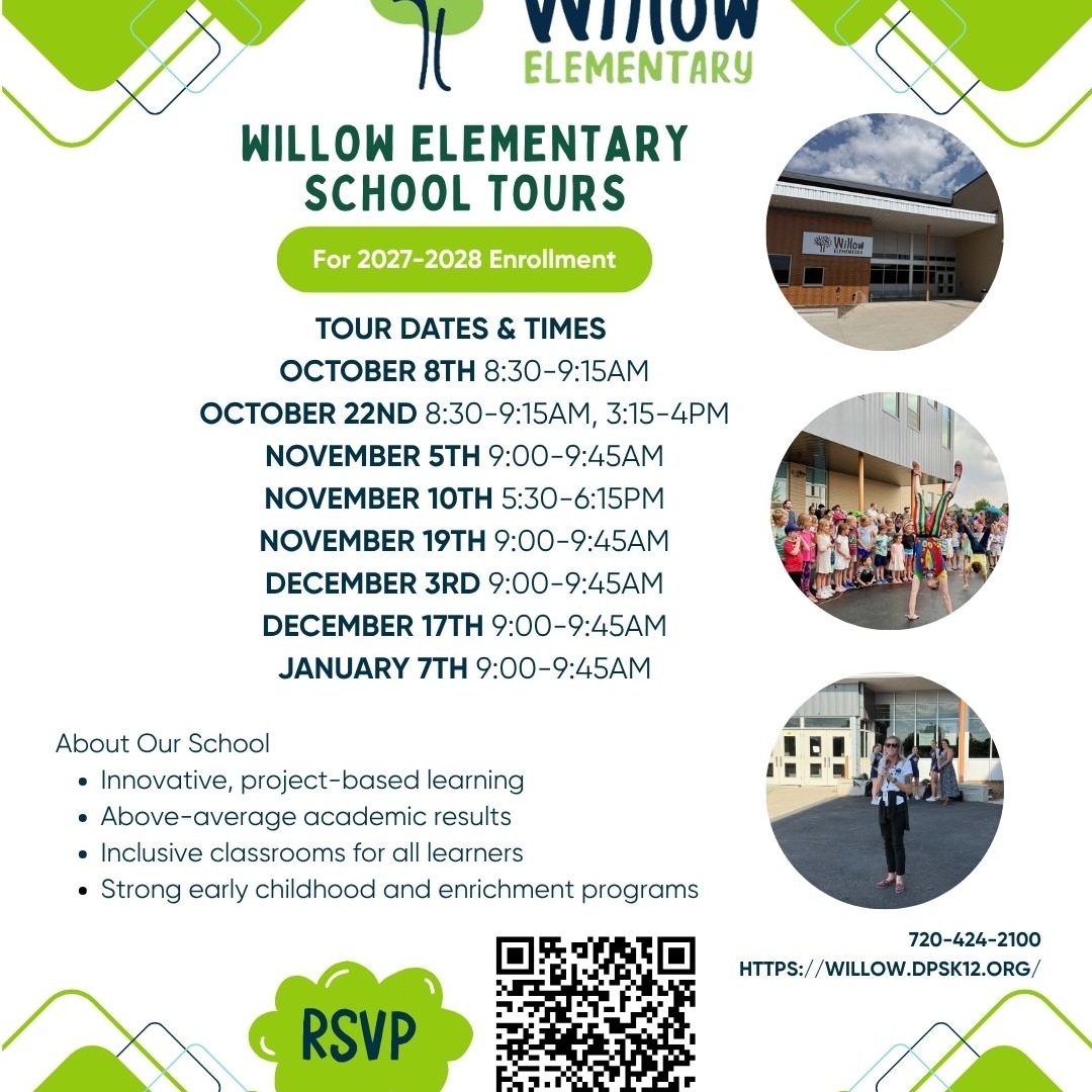 Information about Willow Elementary School's 2023-2023 school tours. Tour dates and times listed.