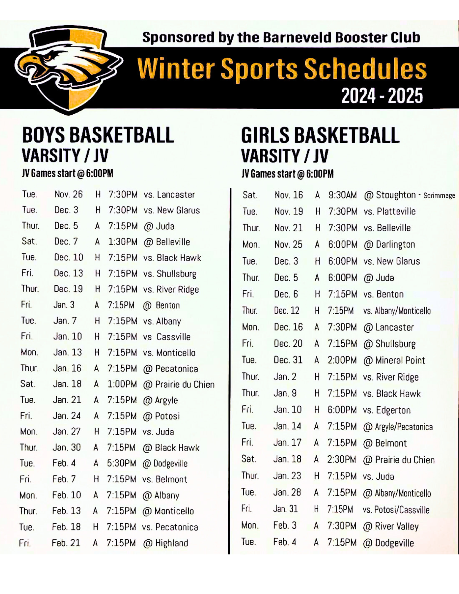 Winter Sports Schedule