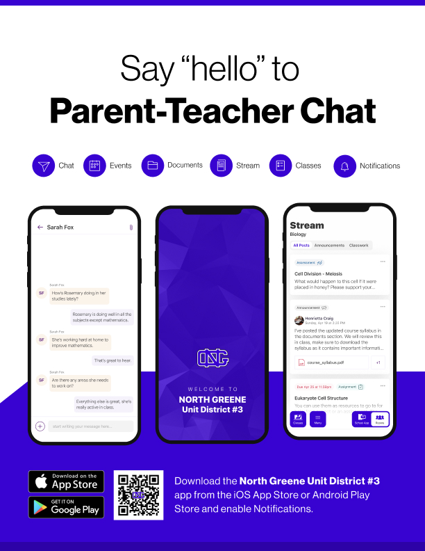 Say hello to Parent-Teacher chat in the new Rooms app. Download the North Greene Unit District #3 app in the Google Play or Apple App store.