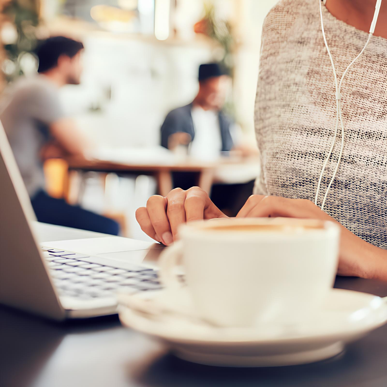 woman in a coffee shop sitting with her computer and coffee