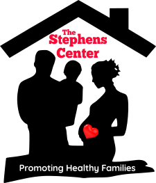 This is a graphic for the Stephens Center that reads "promoting healthy families". The image is a black outline of a house roof and a dad holding a baby and a pregnant woman. 