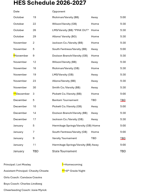 HES 26-27 Schedule