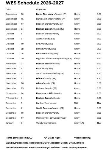 WES 2026-2027 Basketball Schedule