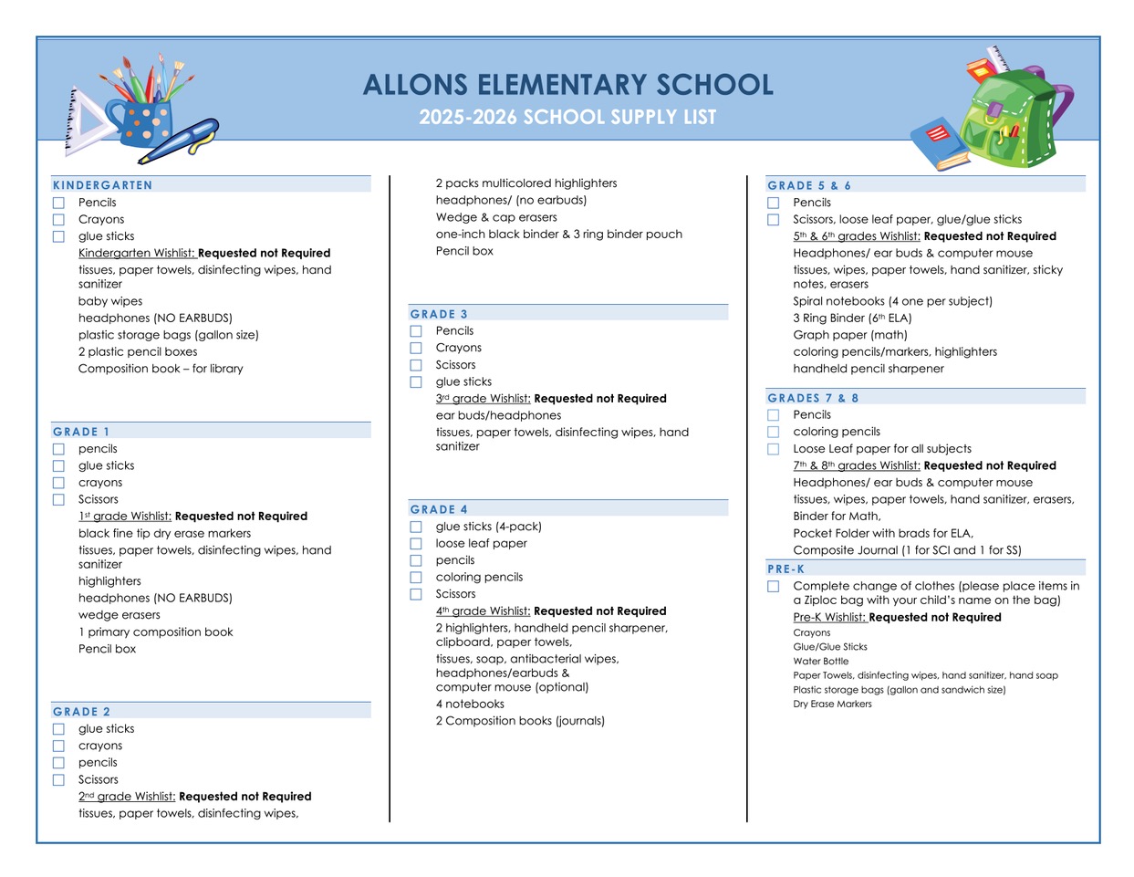 25-26 Supply list prek-8