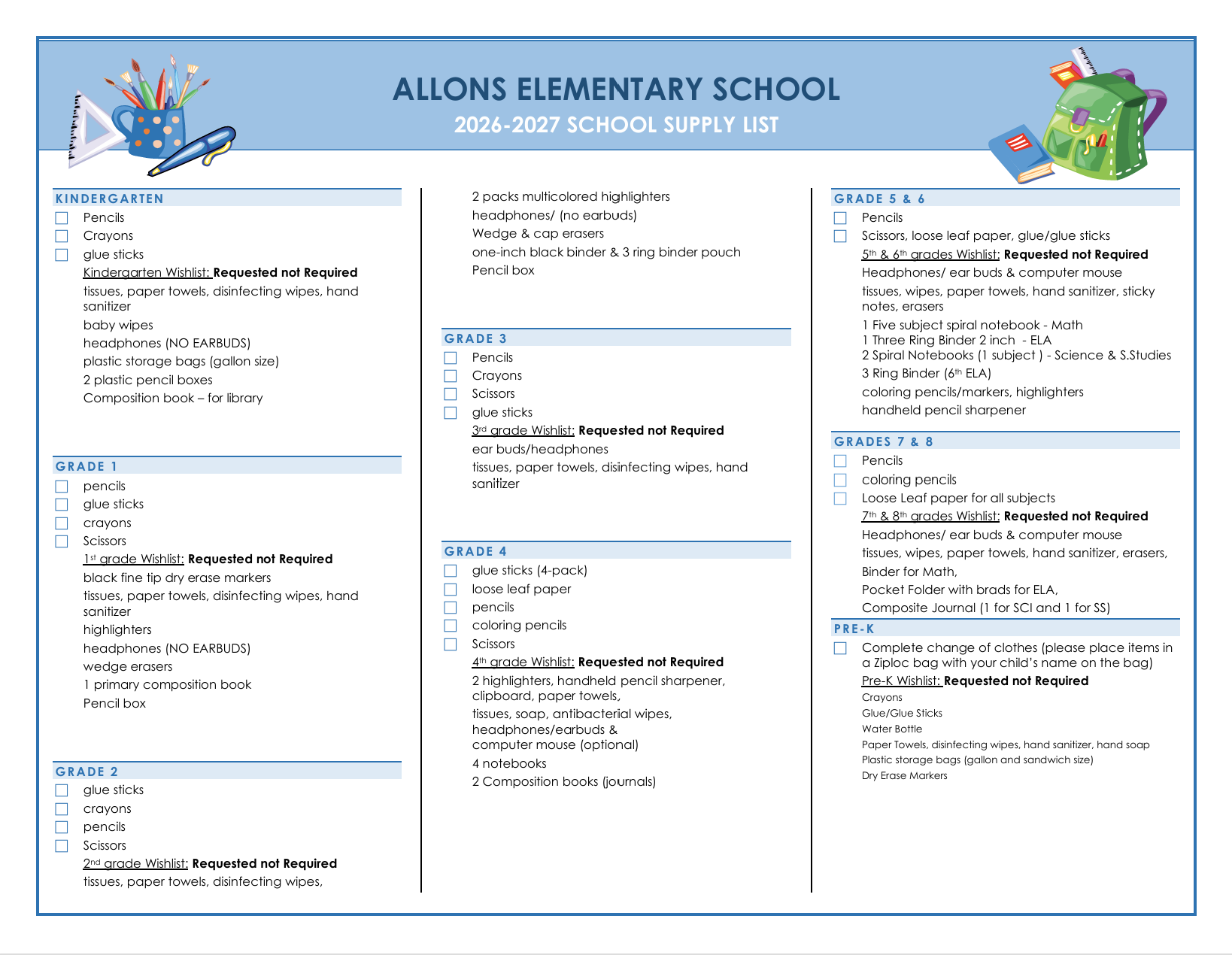 2026-2027 School Supply list prek-8