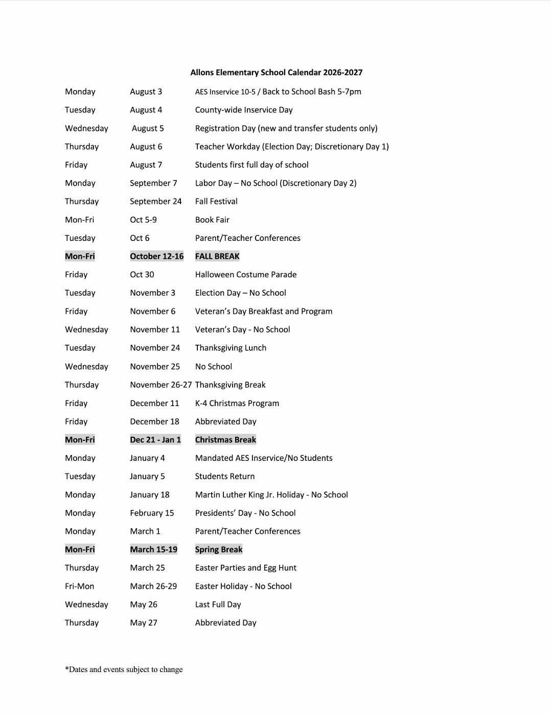 2026-2027 AES Calendar Of Events