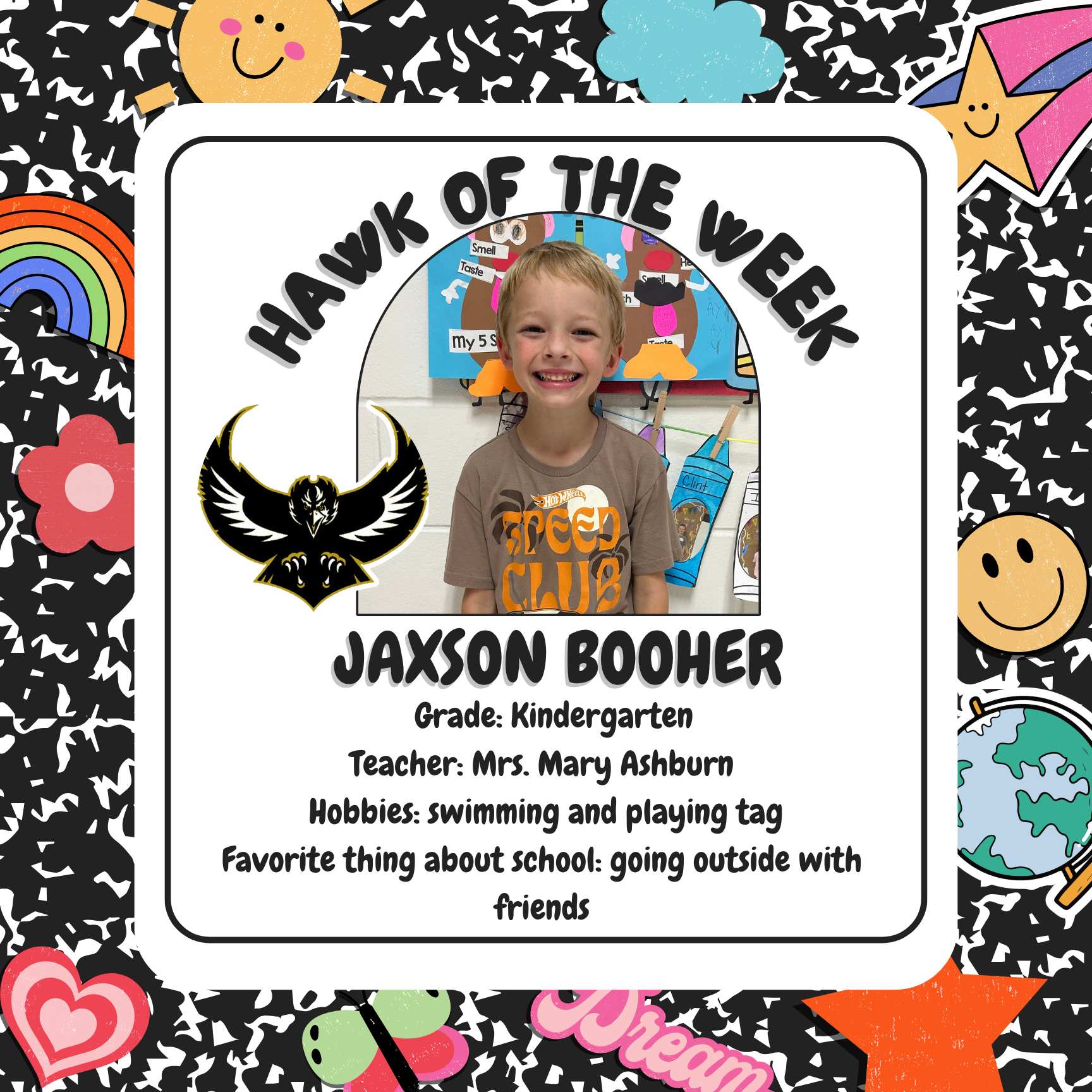 Hawk of the Week: Jaxson Booher Grade: Kindergarten Teacher: Mrs. Mary Ashburn Hobbies: swimming and playing tag Favorite thing about school: going outside with friends