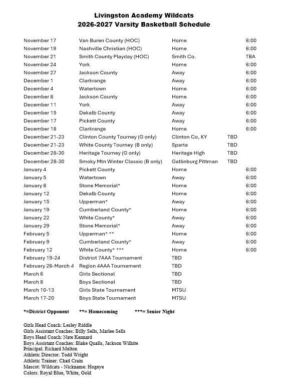 LA Wildcats 2026-2027 Schedule