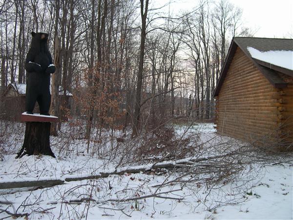 A weathered statue of a bear sits atop a moss-covered tree stump in a snowy landscape. A cozy log cabin with smoke rising from the chimney stands in the background.