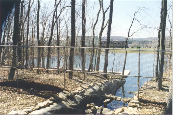 A chain-link fence surrounds a lake. The fence has a gate leading to the dock on the lake. The lake is surrounded by trees and rocks.