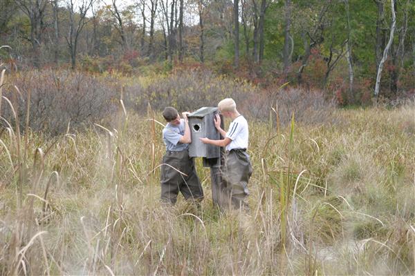 Two boys fixing a wood duck in the middle of a forest.