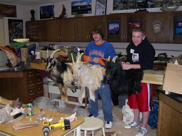 Two boys holding their taxidermied deers.