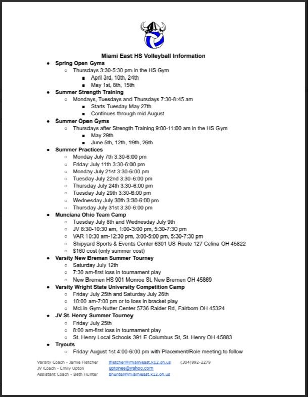 2024 Miami East Volleyball Schedule