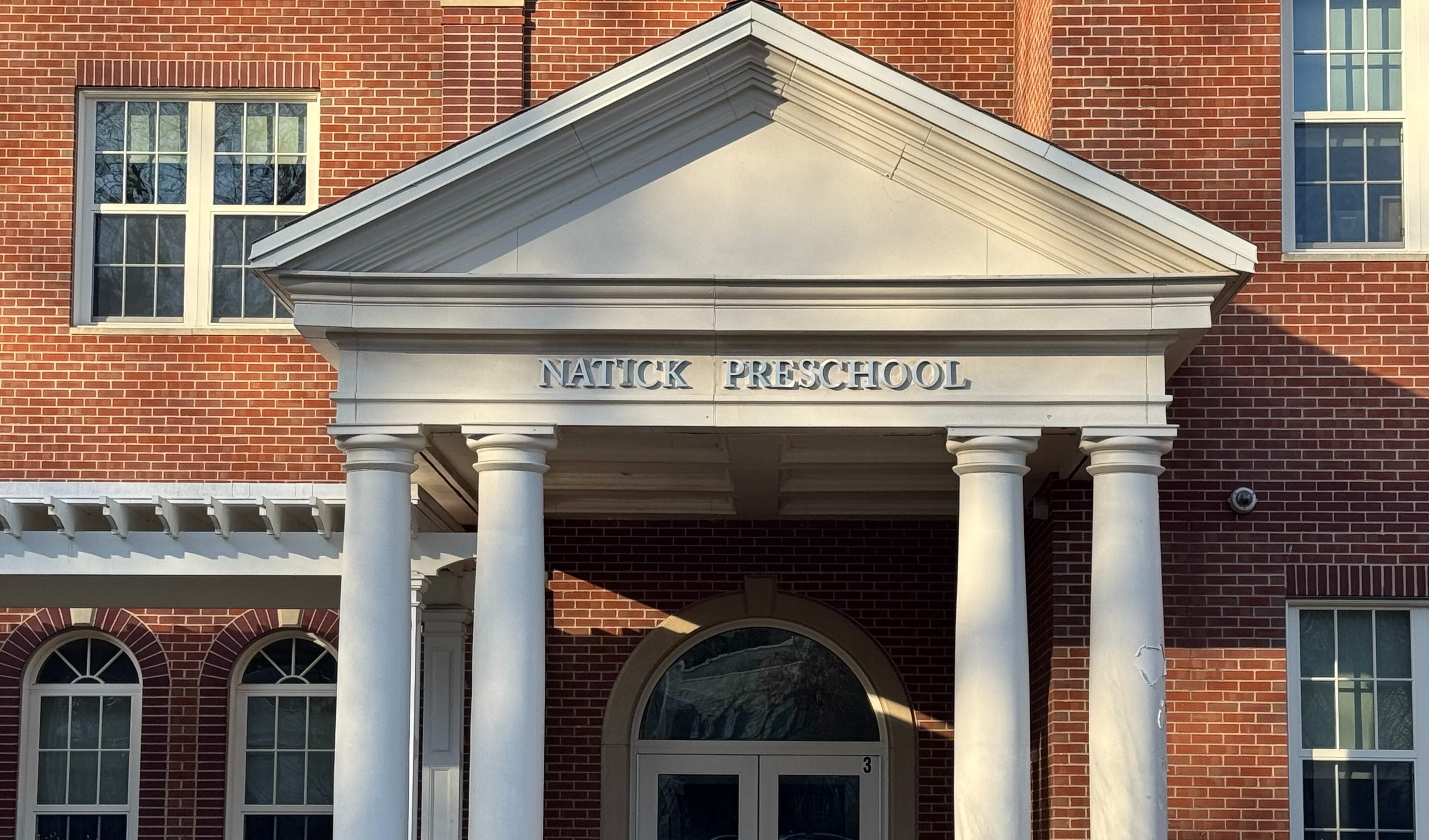 An image of the entrance to the Natick Preschool located at Natick High School.