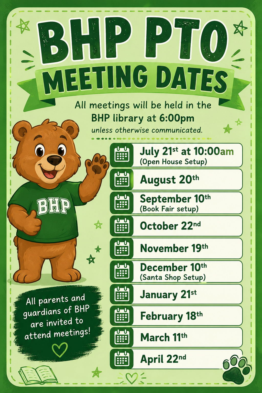 2026-2027 BHP PTO Meeting Dates
