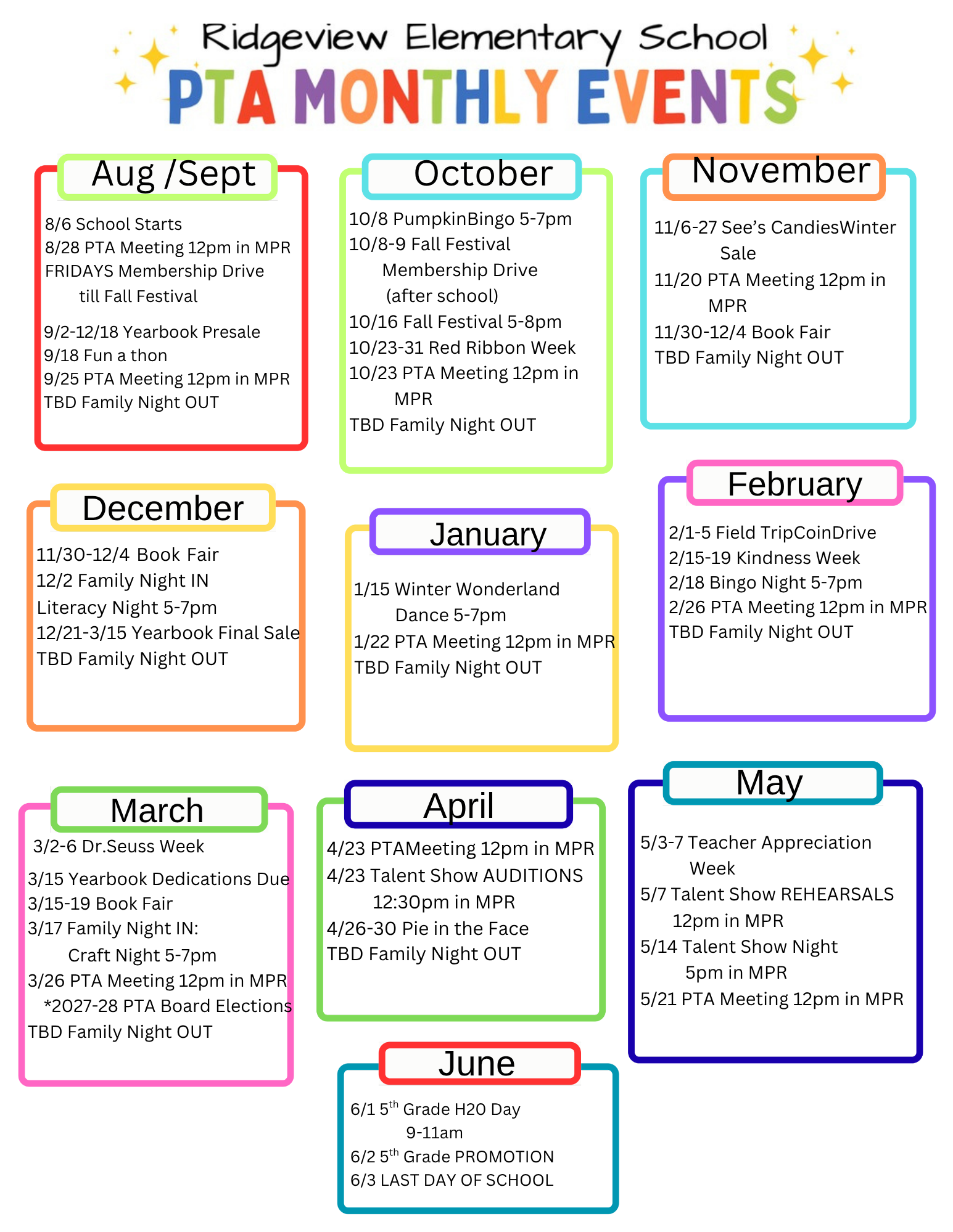 PTA Events Calendar 26-27
