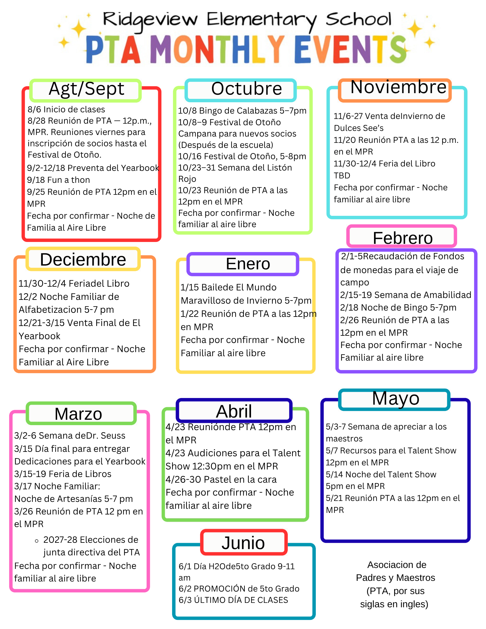 PTA Events Calendar 26-27 Spanish