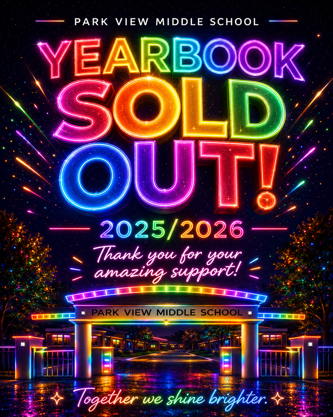 "Park View Middle School, Yearbook Sold Out! 2025/2026; Thank you for your amazing support! Together we shine brighter."
