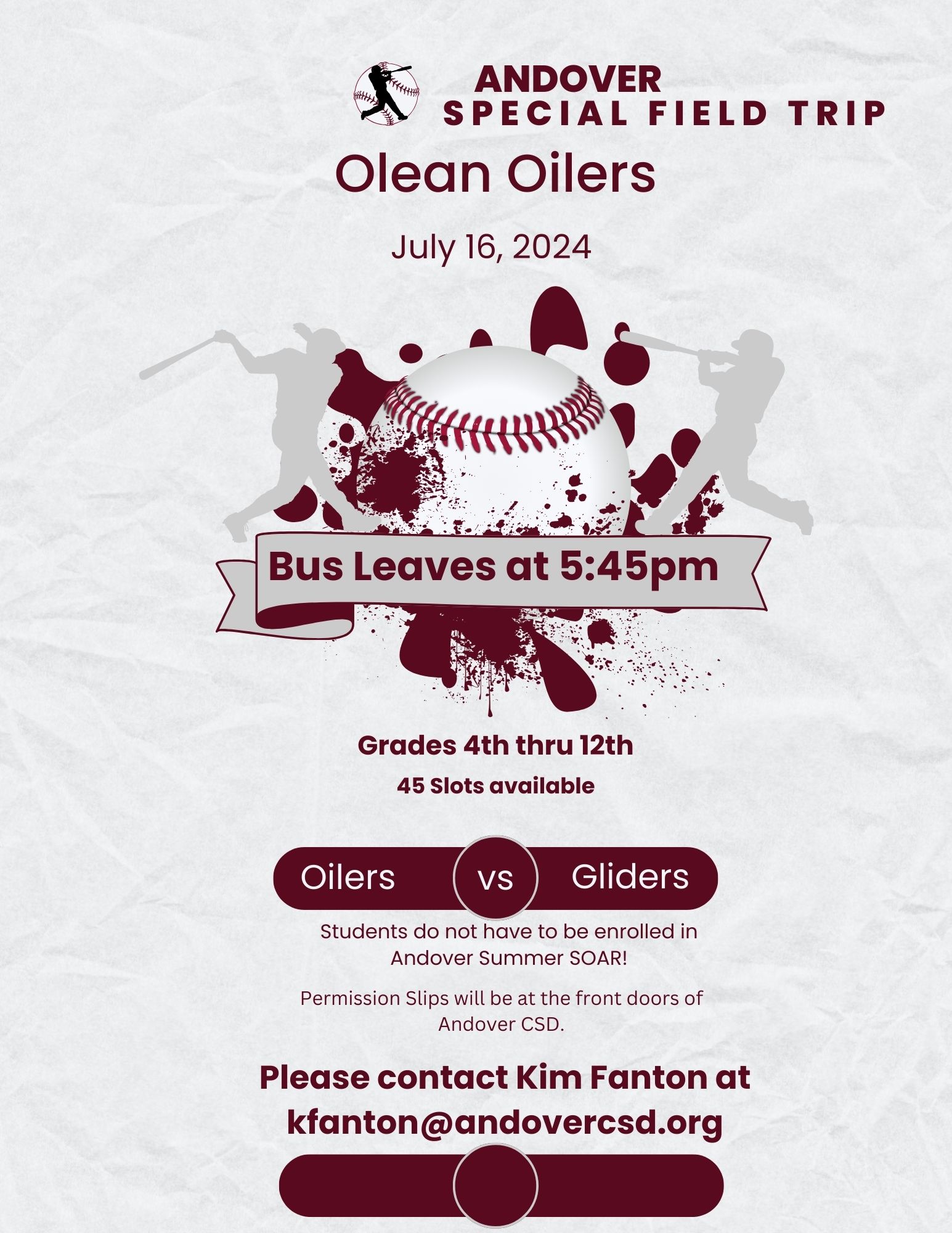 Olean Oilers Field Trip for 4th-12th Grade Andover Central School Students on July 16, 2024