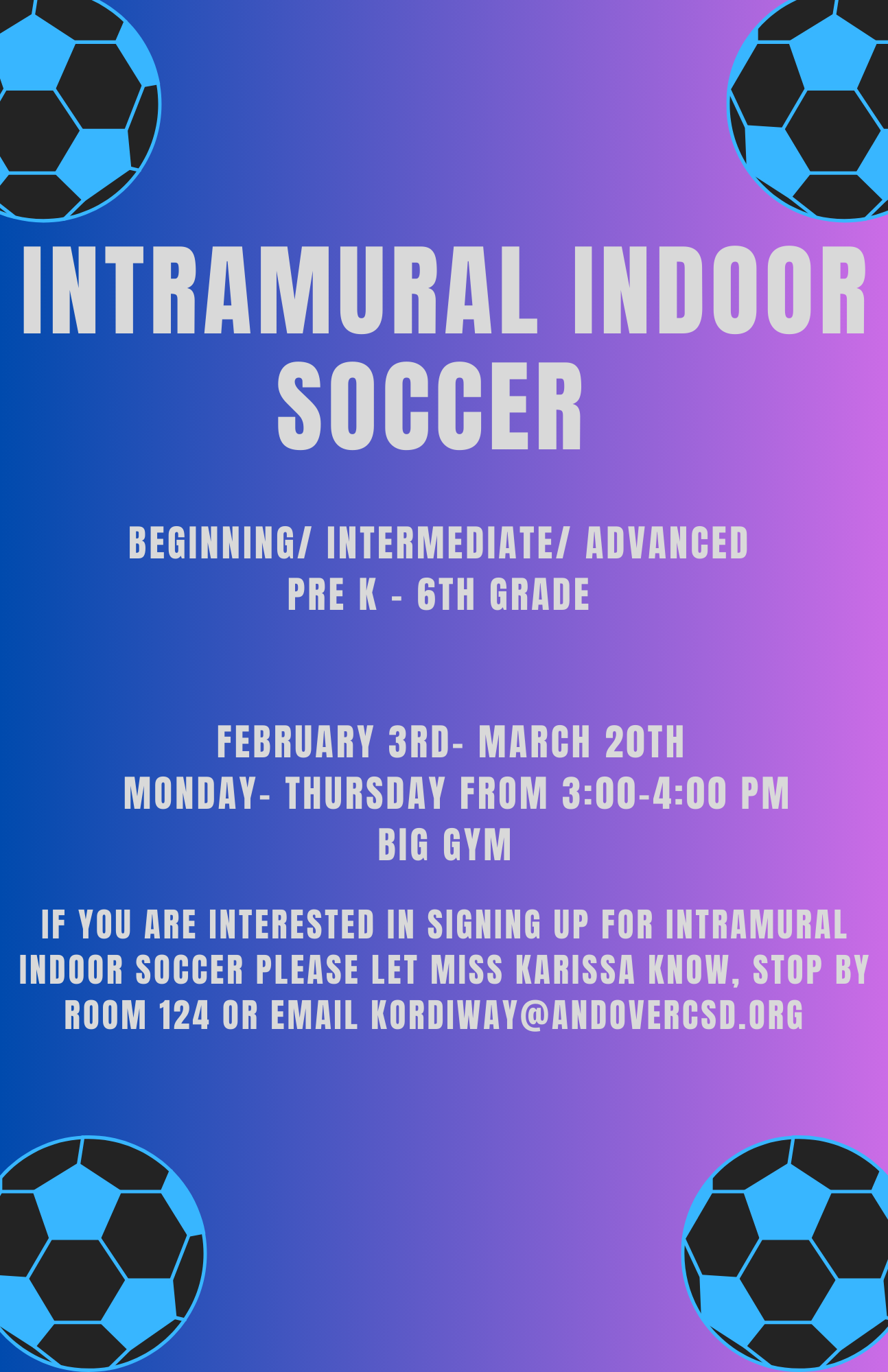 Intramural Indoor Soccer coming to ACS for grades PreK through 6 february 2025 through March 2025