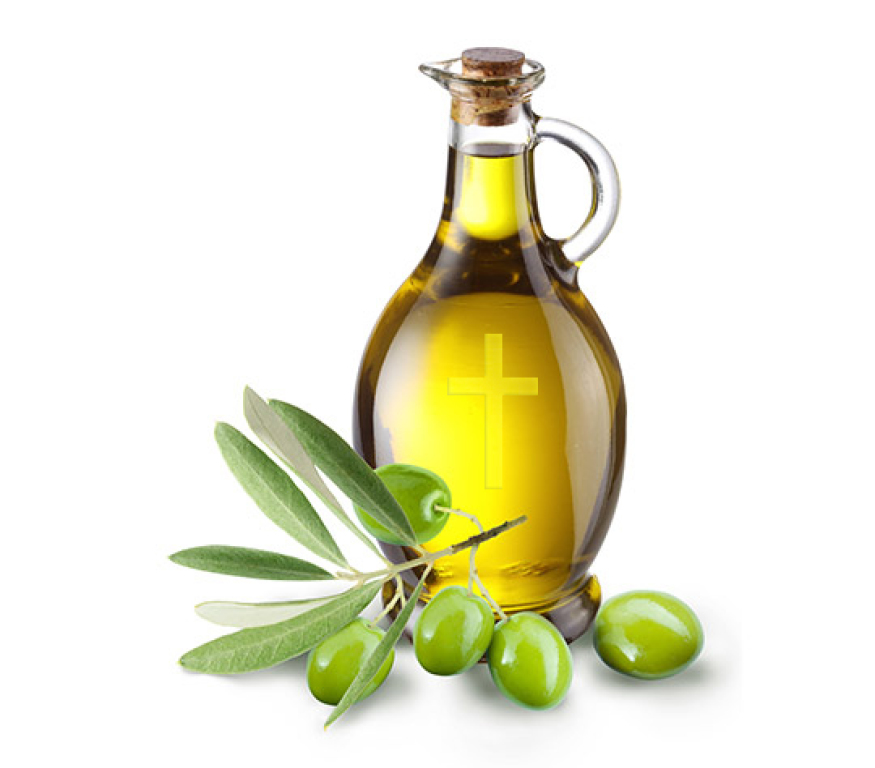 Olive oil bottle and olive leaves on white background.