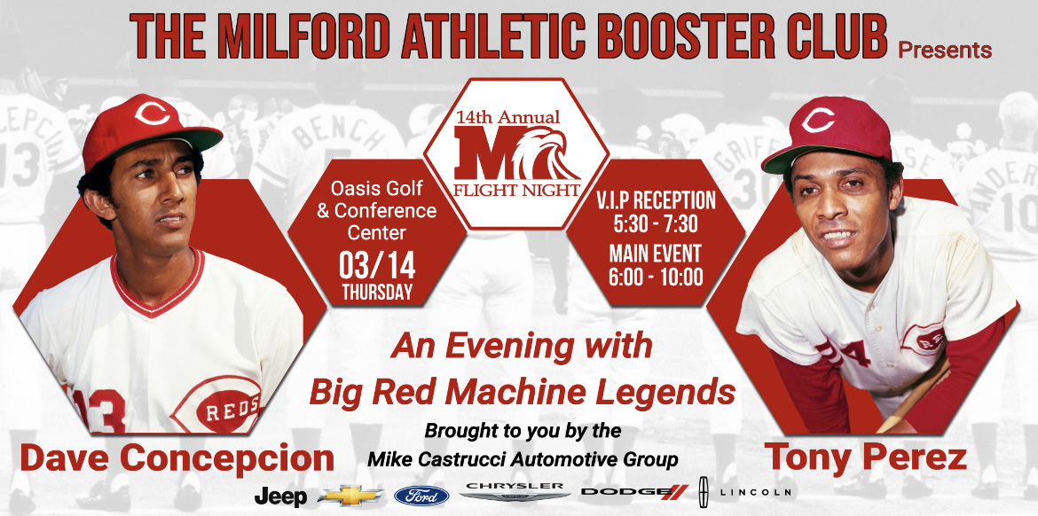 booster club flight night red and white graphic with tow baseball players 