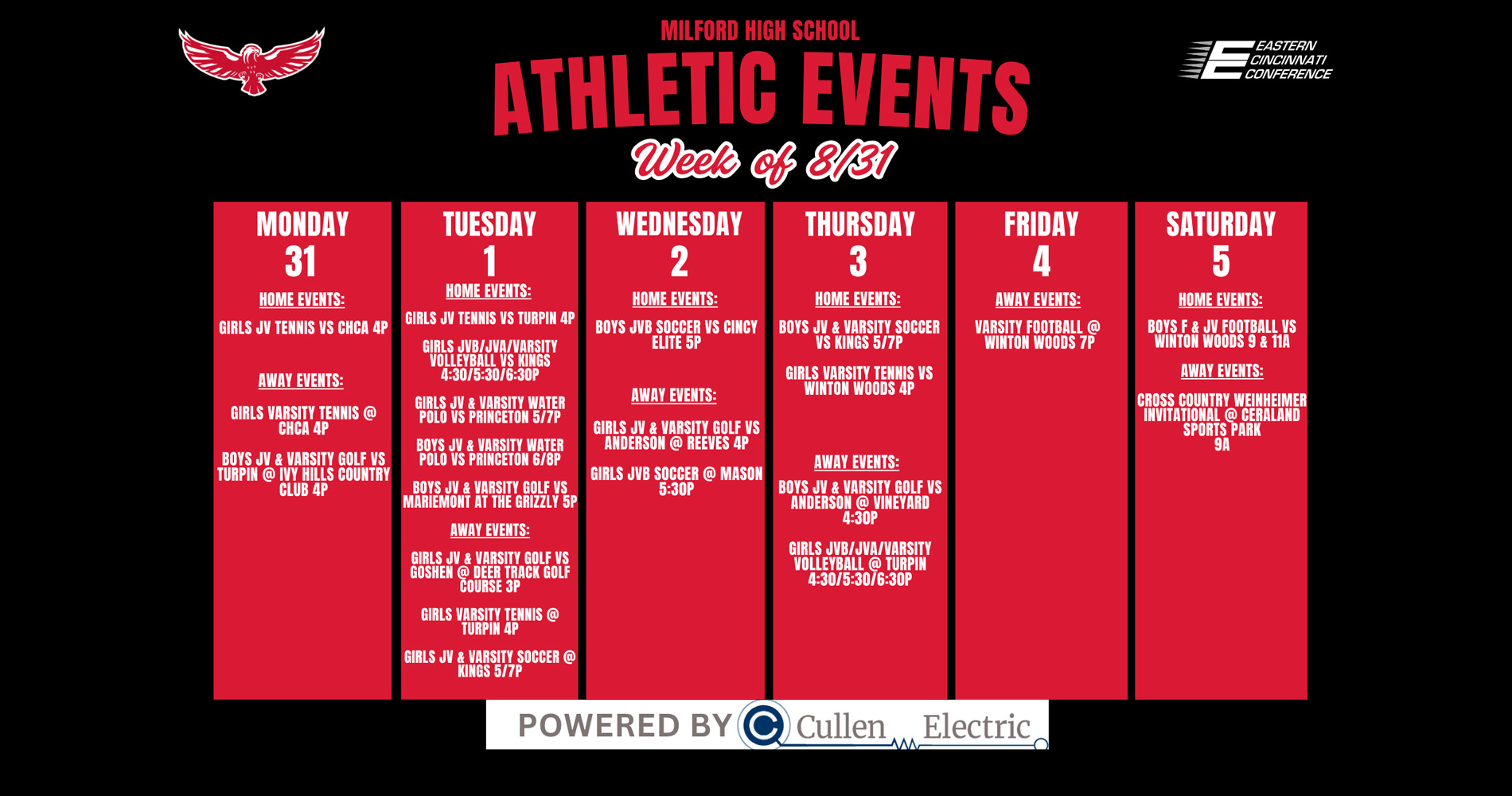 High School schedule Week of Aug 31