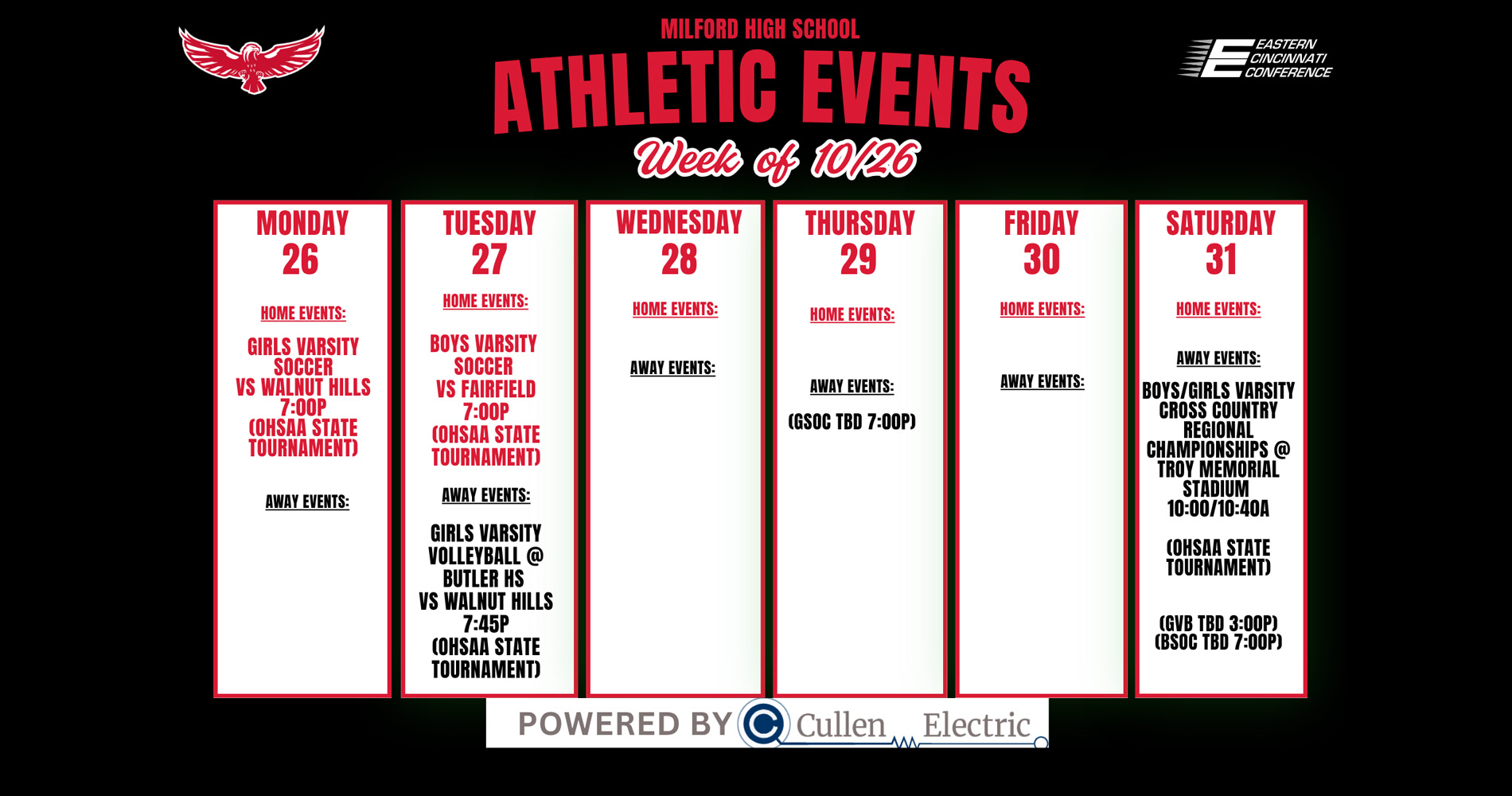 HS Week of Oct 26 schedule