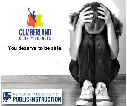 A photographic image of a person with their hand on their head, representing emotional distress. Below this is a banner with text that reads "Cumberland County Schools" and an accompanying logo for the public school system.