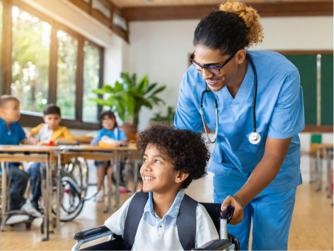 A caring healthcare professional is assisting a child on wheels.